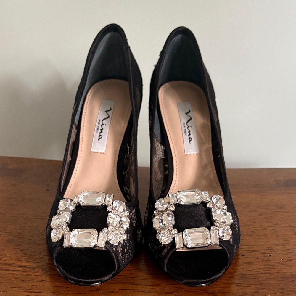Nina Black Lace Peep-Toe Heels with Crystal Buckle